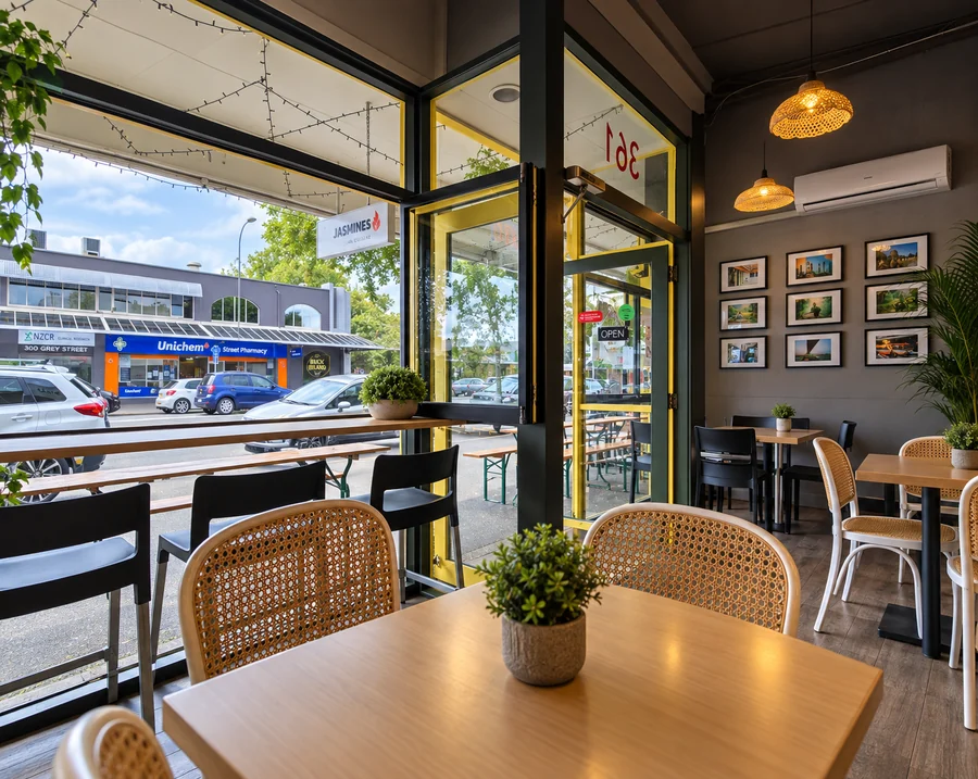 Window seating and tables inside Jasmines Thai