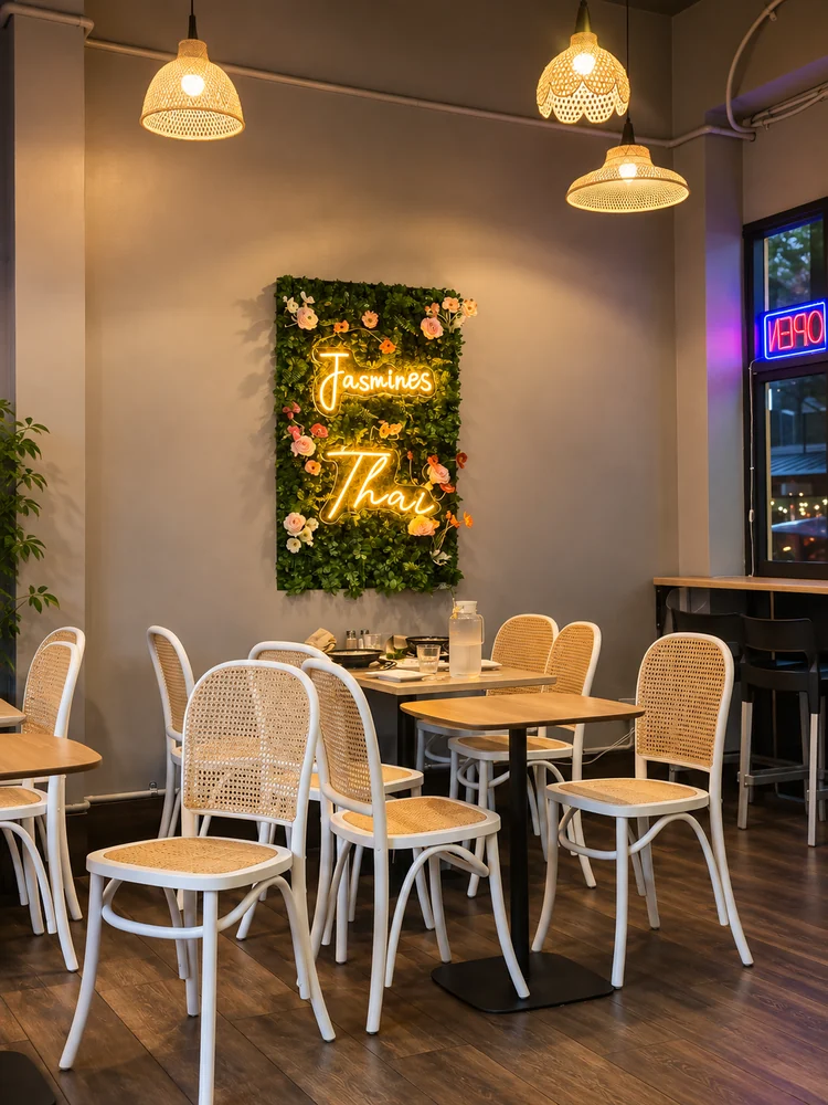 Dining room with Jasmines Thai sign and pendant lights