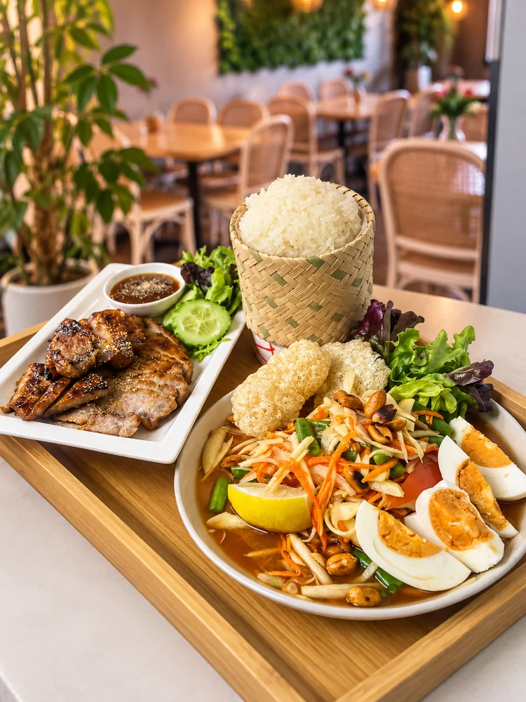 Thai lunch spread with sticky rice, salad and grilled meat
