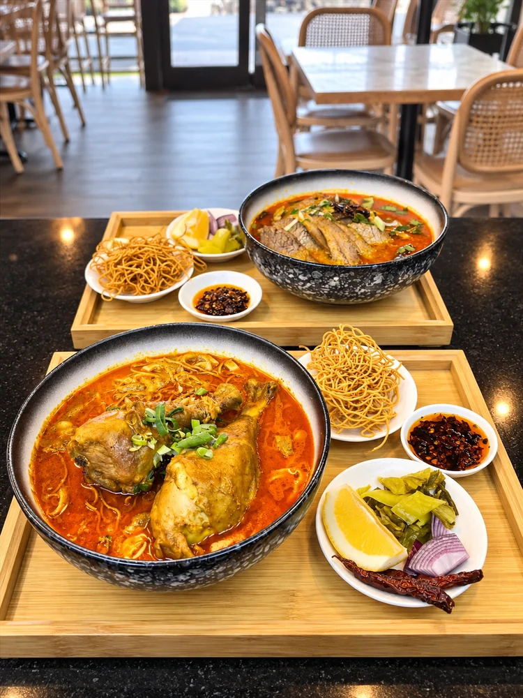 Noodle bowls with curry and crispy noodles at Jasmines Thai
