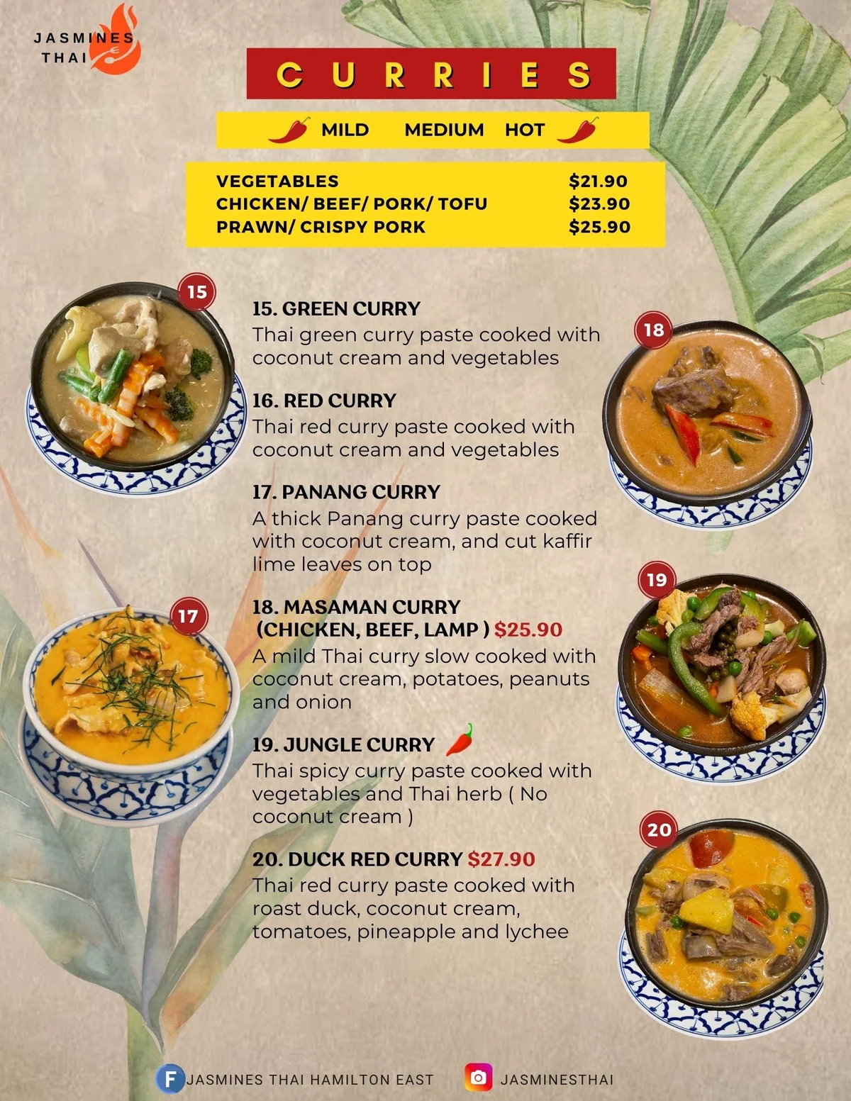 Jasmines Thai curries menu