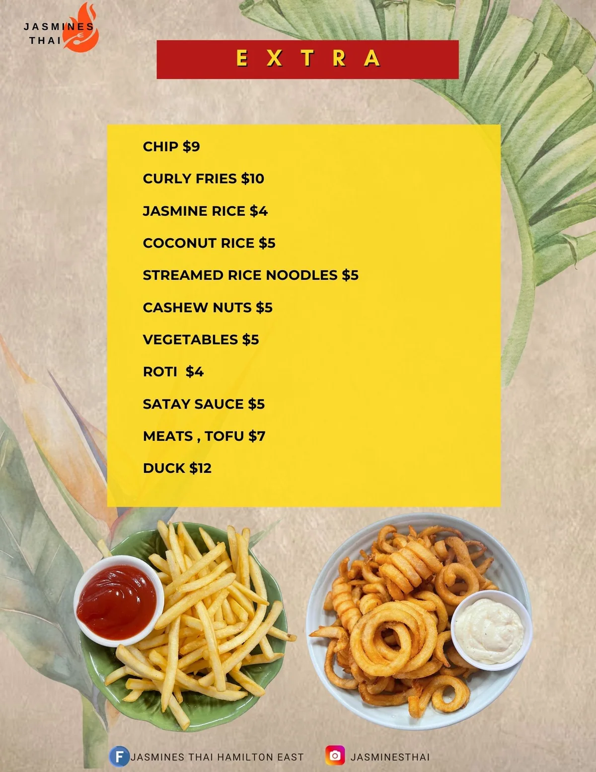 Jasmines Thai extras menu