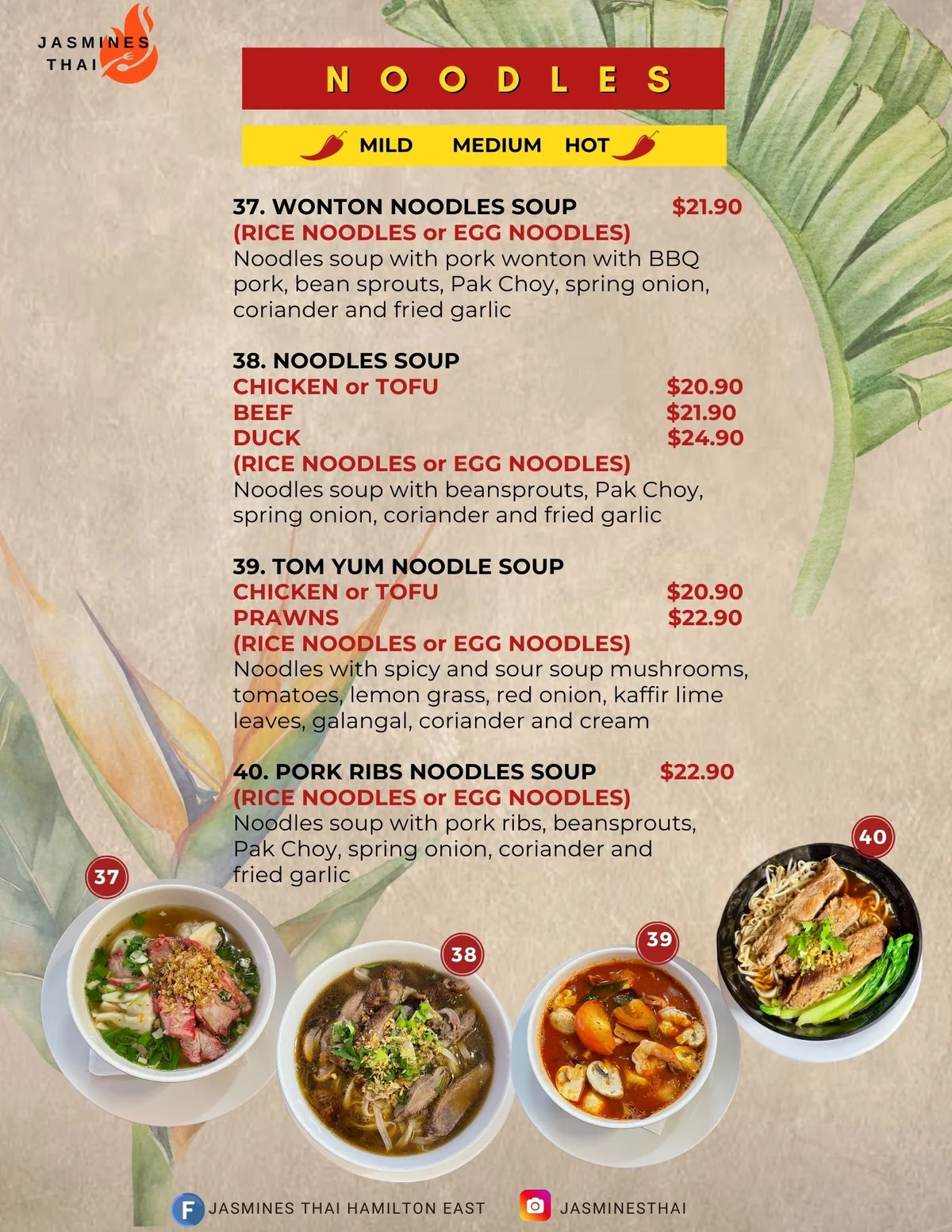 Jasmines Thai noodles menu