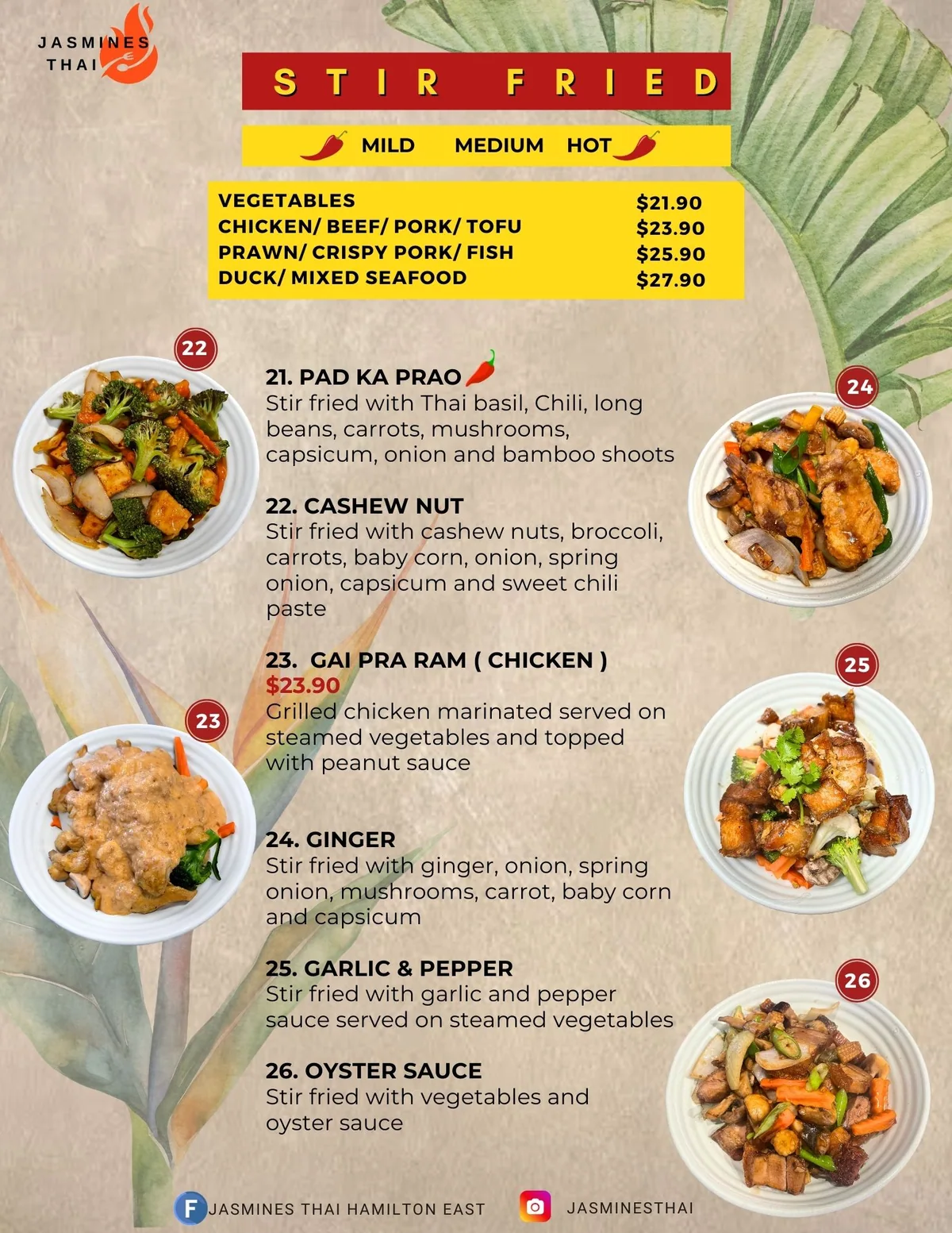 Jasmines Thai stir fried menu
