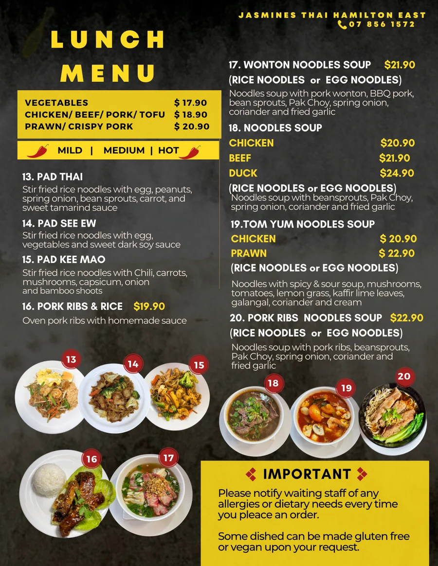 Jasmines Thai noodles menu preview