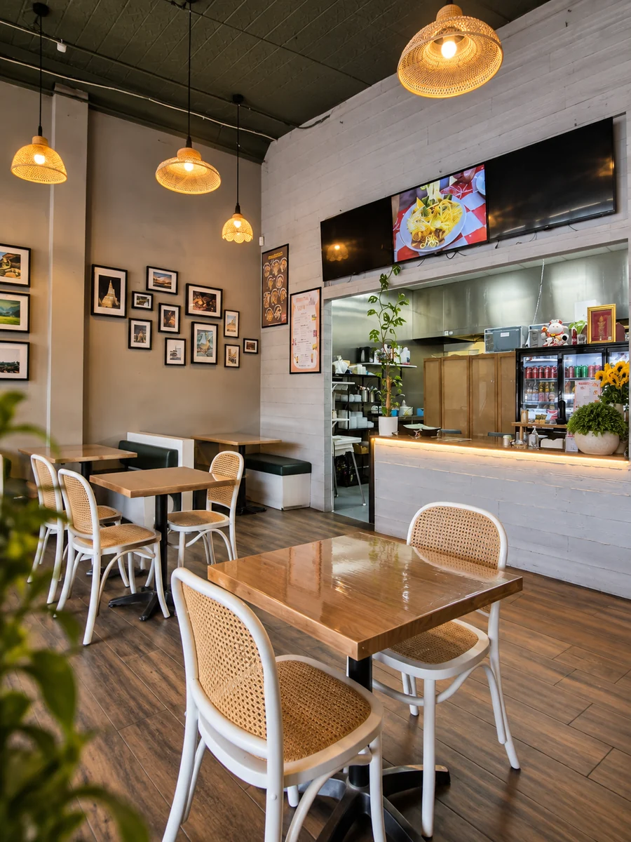 Jasmines Thai dining room with pendant lights, framed art and service counter